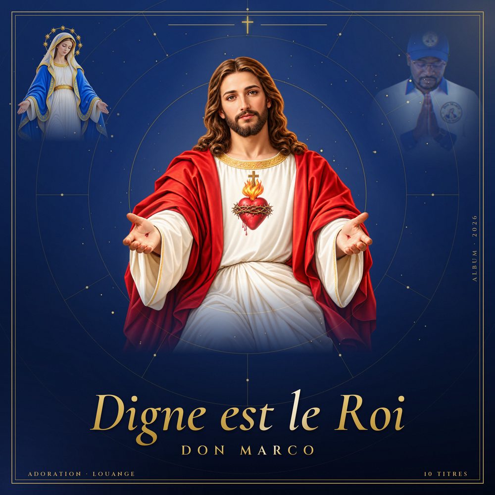 Pochette de l'album « Digne est le Roi » : le Christ au Sacré-Cœur au centre, la Vierge Marie en retrait à gauche, le disciple en prière à droite.